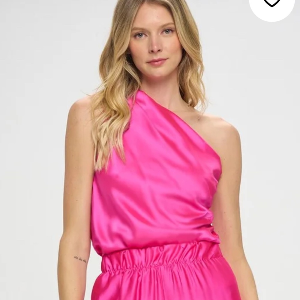 RENEE C. NEW Silky Satin Neon Pink Fuchsia One Shoulder Ruched Top Blouse L